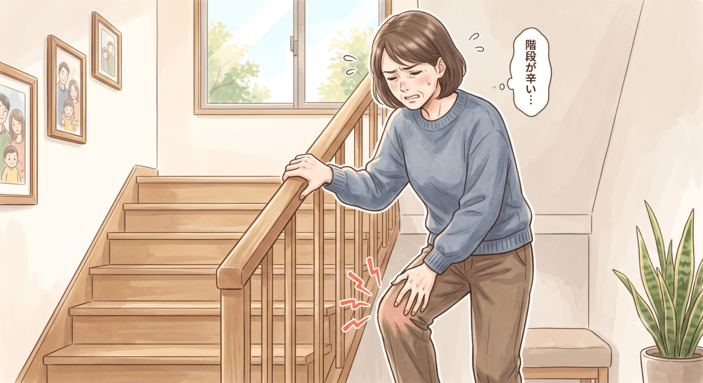八千代市の整体で膝関節痛を根本改善。階段の昇り降りで膝に痛みを感じる女性のイラスト