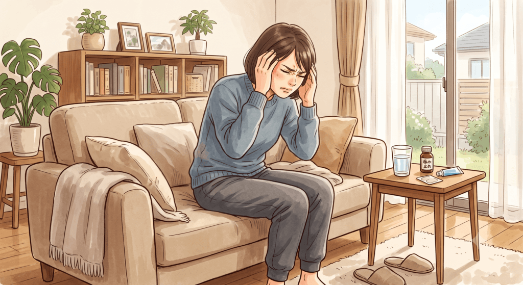八千代市で自律神経の乱れや頭痛を整体で改善。こめかみを押さえて辛そうな女性のイラスト