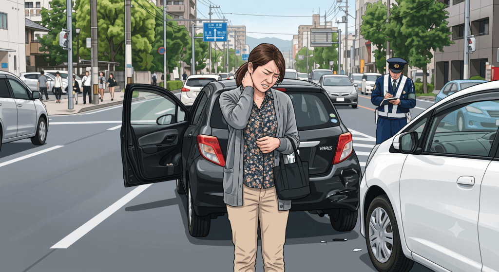 八千代市での交通事故によるむちうち治療。交差点での追突事故直後に首の痛みを訴える女性のイラスト