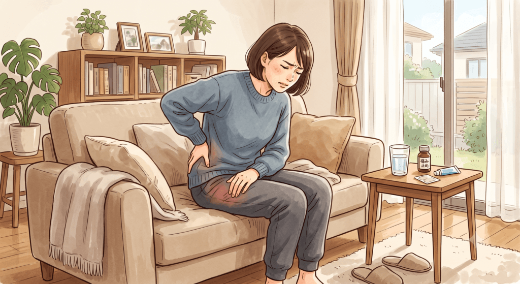 八千代市の整体で改善を目指す、休日だけど家の中で辛い腰痛と坐骨神経痛に悩む女性のイラスト