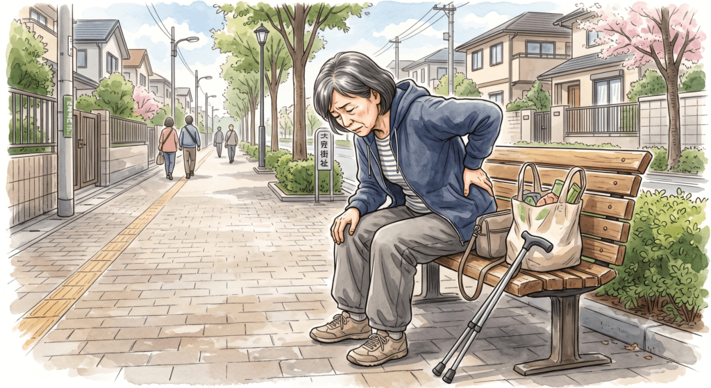 八千代市で脊柱管狭窄症の整体治療をお探しの方へ。歩行中に腰の痛みでベンチに座り込む女性のイラスト